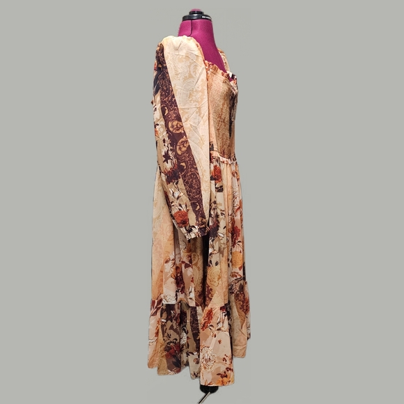 City Chic Floral Patchwork Smocked Floral Midi Dress Printed Long Balloon Sleeve - Picture 6 of 13